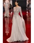  Charming A-line Long Sleeve Beading Floor-length Chiffon Prom Dresses