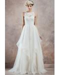 Sleeeveless Illusion Neck Lace Bodice Ball Gown Cascaded Tulle Wedding Dress 