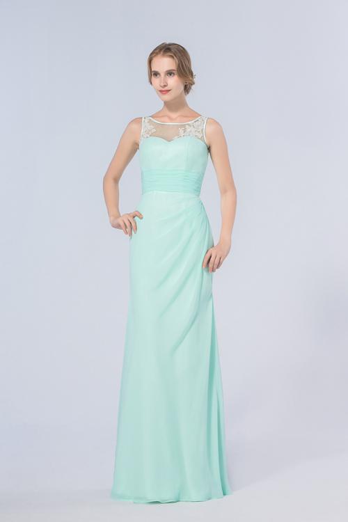 Illusion Scoop Neck Lace Appliqued Sheath Mint Green Chiffon Long Bridesmaid Dress 