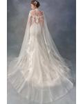  High Neck Cap Sleeve Appliques Buttons Lace Cathedral Train Long Wedding Cloaks