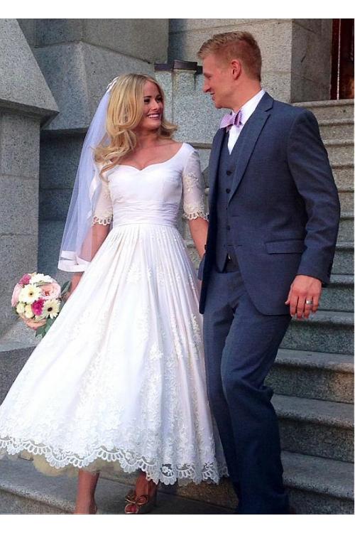 Short Sleeve Lace A-line Tea Length Wedding Dress 