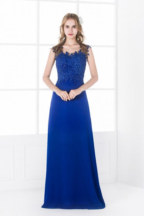 Illusion Neck Sequin Lace Long Royal Blue Chiffon Prom Dress 