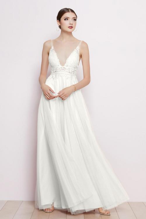  A-line Deep V-neck Sleeveless Empire Waist Lace Floor-length Long Tulle Prom Dresses with 2 Sashes