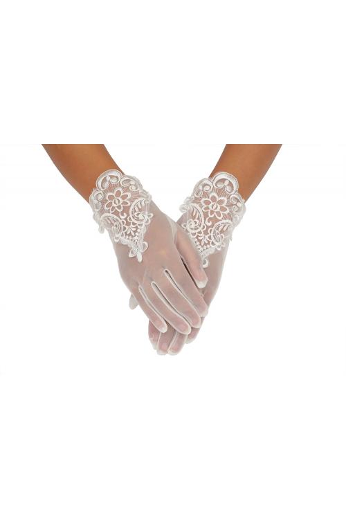 Ivory Full Finger Short Lace Trimmed Wedding Gloves For Bride 2BL