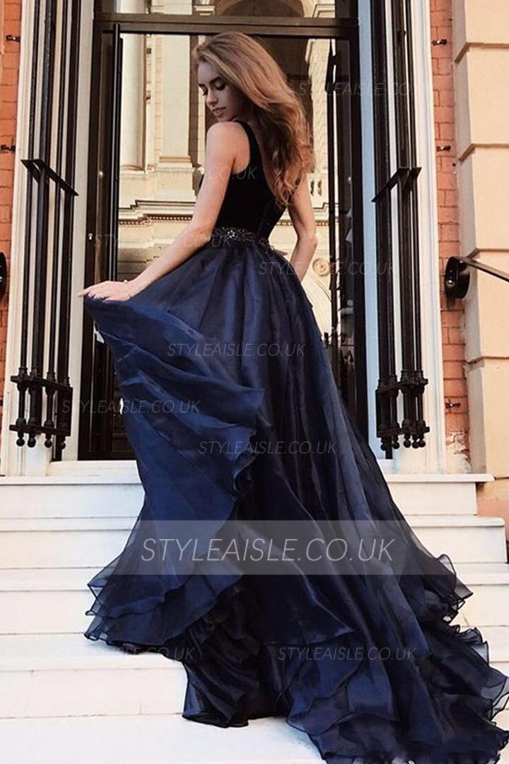 Charming V-neck Velet Top Floor-length Long Chiffon Split Evening Dresses