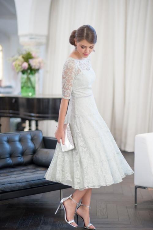 Elegant Half Sleeve Lace A-line Tea Length Cocktail Dress with Beading 