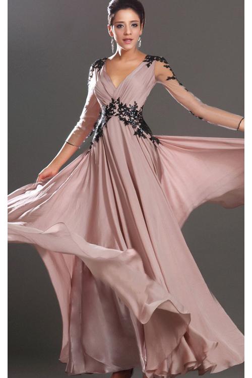 Balck Lace Appliqued V Neck Empire Pleated Long Column Chiffon Prom Dress with 3/4 Sleeves 