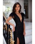 Deep V-neck Cap Sleeve Feathers Split Sheath/Column Floor-length Long Sequins Evening Dresses