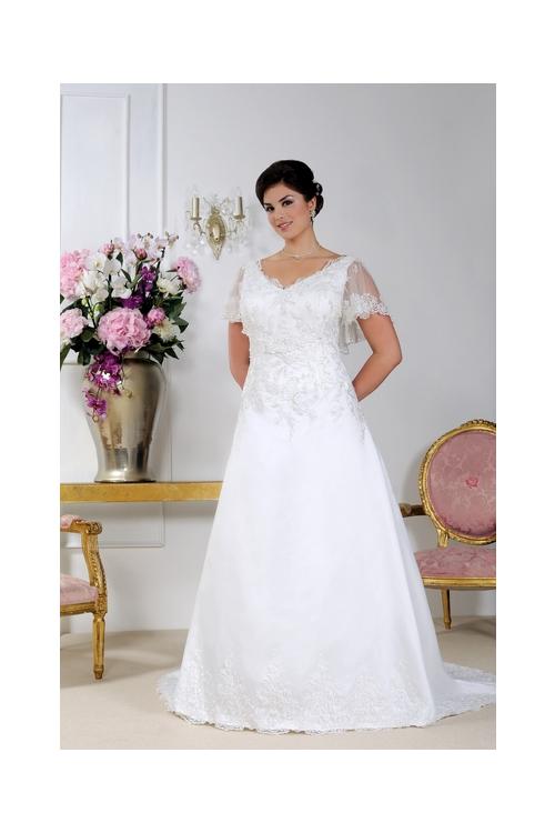 Plus Size V-neck Short-Sleeve Lace-up Beaded Satin Wedding Dress with Lace Appliques