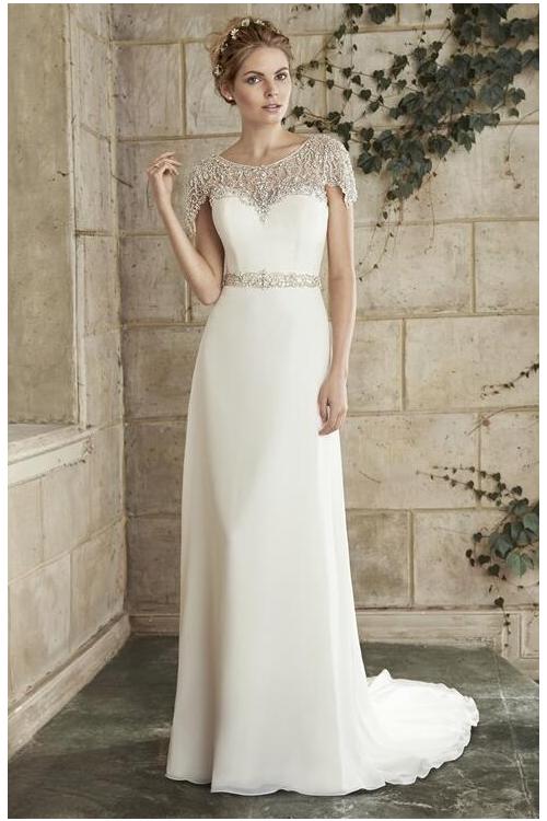 Hot Sale Bateau Neck Lace Top A-line Chiffon Crystal Waist Wedding Dress with Short Sleeves 