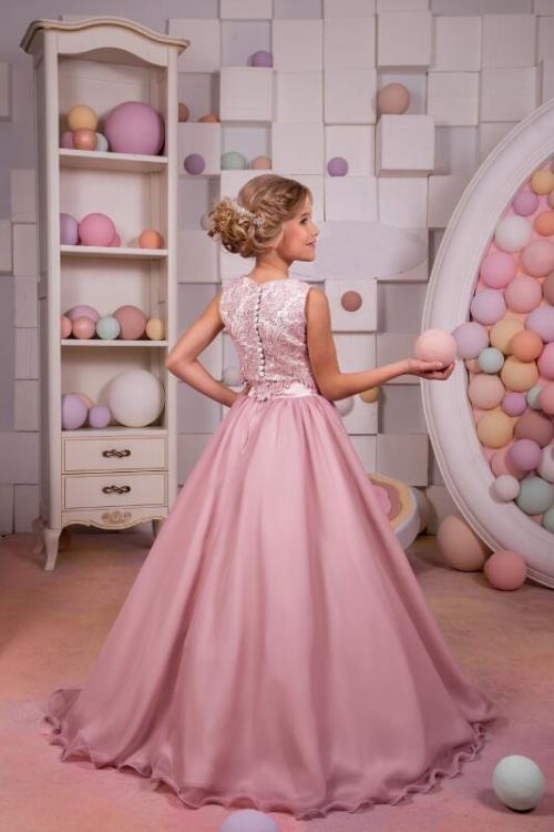 Two Piece Sleeveless Jewel Neck Lace Long Chiffon Flower Girl Dress 