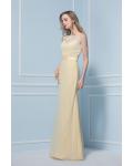 Sleeveless illusion Bateau Neck Lace Bodice Long Sheath Daffodil Chiffon Bridesmaid Dress 