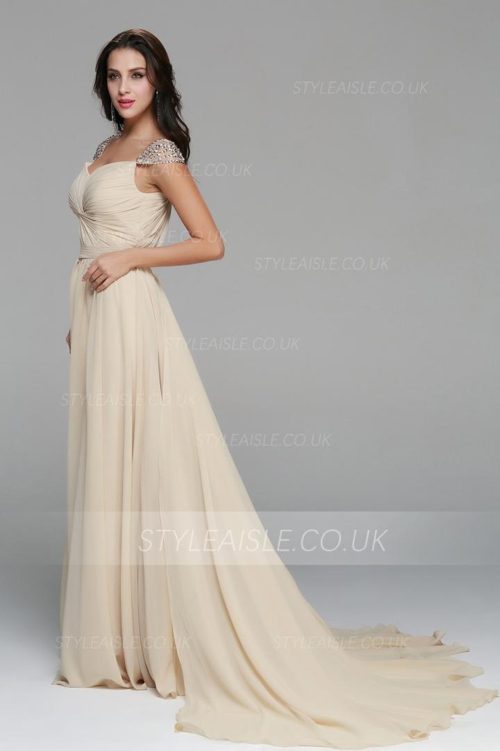 Beading A-line Long Champagne Chiffon Junior Prom Dress 