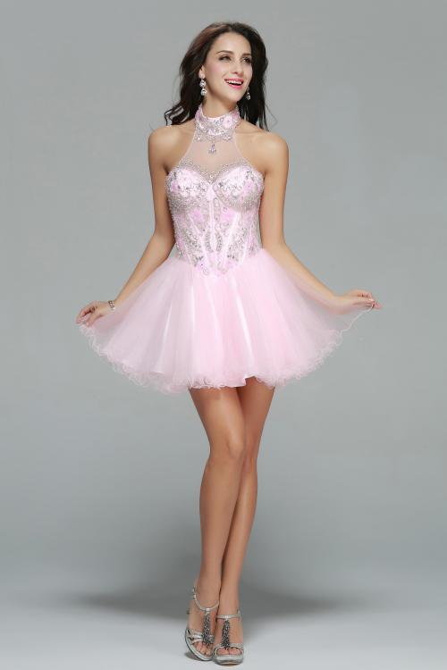Sparkling Beaded Sleeveless High Neck Blushing Pink Tulle Short Prom Dress　