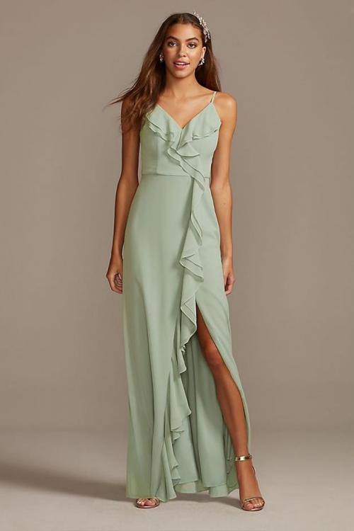  Sheath/Column Spaghetti Straps V-neck Sleeveless Ruffles Split Floor-length Long Chiffon Bridesmaid Dresses