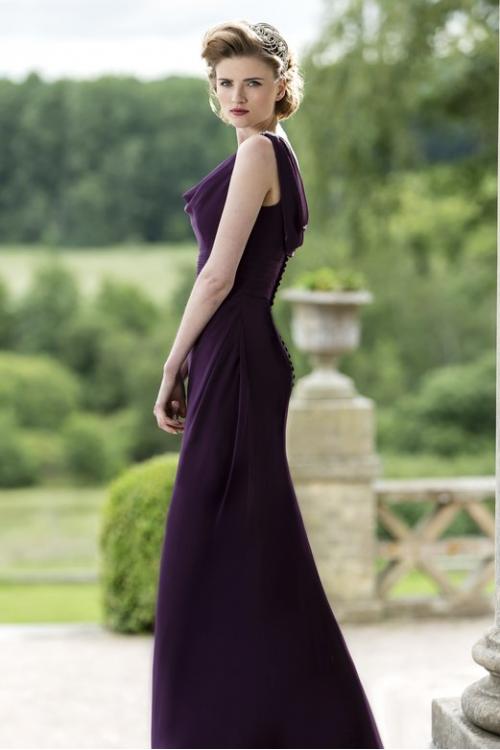 Cowl Neck Sheath Long Chiffon Bridesmaid Dress with Buttons 