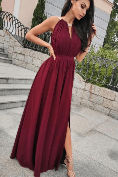 Glamorous Split Floor-length Long Chiffon Bridesmaid Dress Jewel Neckline Evening Dress