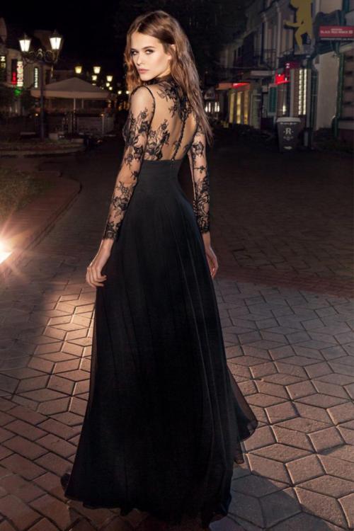  A-line High Neck Long Sleeves Buttons Floor-length Long Lace Prom Dresses