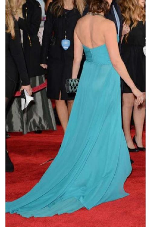 Elegant Blue Long Strapless Chiffon Beach Style Celebrity Prom Dress 