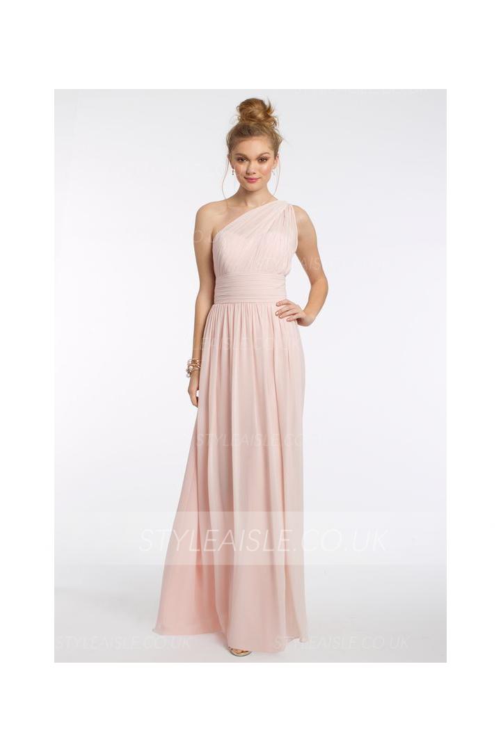 Sleeveless Pleated One Shoulder A-line Long Chiffon Bridesmaid Dress