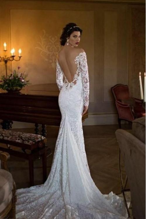 Off the Shoulder V Neck Crystal Detailling Lace Mermaid Wedding Dress with Long Sleeves 