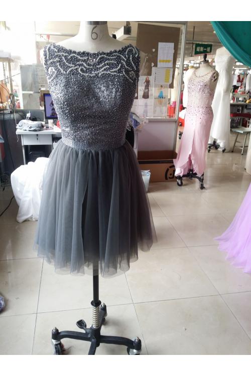 Grey Sequin Beading Short Tulle Prom Dress 