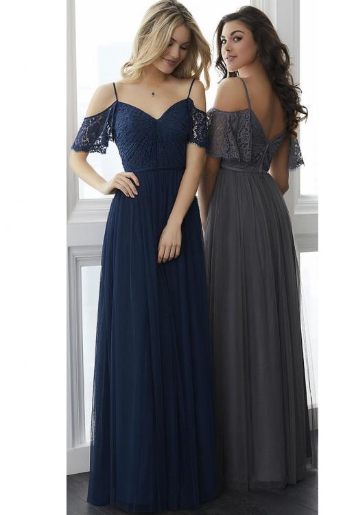 Navy Blue Off Shoulder A-line Lace Vintage Bridesmaid Dress