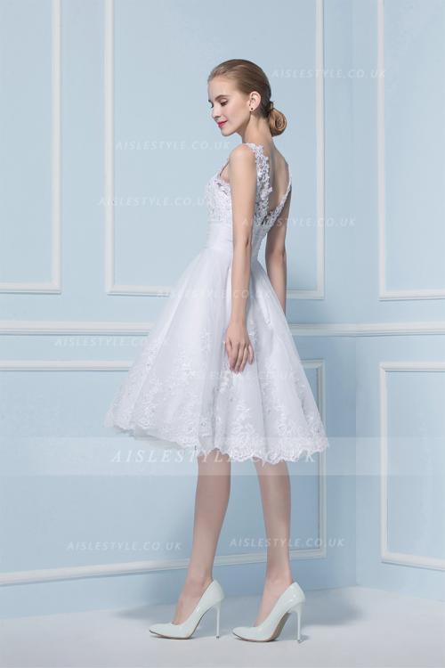 V Neck Sleeveless Short Lace Patterns Wedding Dress 