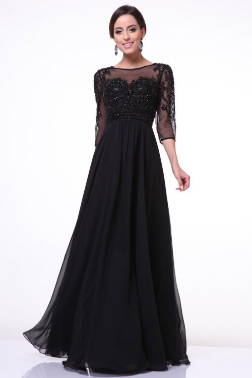 Illusion Jewel Neck Lace Bodice A-line Chiffon Prom Dress with3/4 Sleeves 