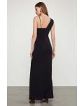 Black Asymmetrical Shoulder Straps Sleeveless Split Floor-length Long Chiffon Prom Dresses with Lace Chest