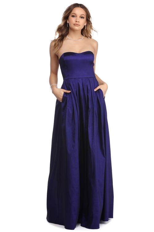 Strapless Sweetheart Long Royal Blue Satin Prom Dress with Pockets