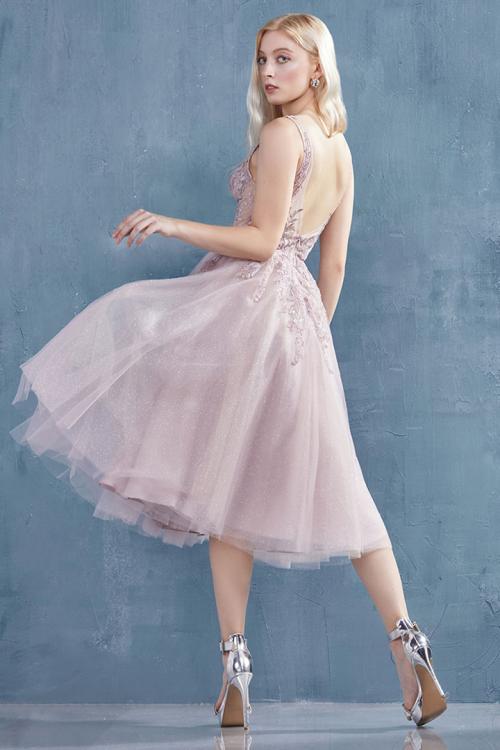 Elegant & Charming V-neck Sleeveless Lace Appliques Tea-length Short Tulle Prom Dress