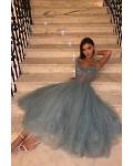 Fog Blue Spaghetti Straps Sweetheart Sleeveless Lace Ankle length Long Tulle Prom Dress