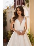Chic & Modern A-line V-neck Bow Sashes Sleeveless Buttons Chapel Train Long Satin Wedding Dresses with Lace Back