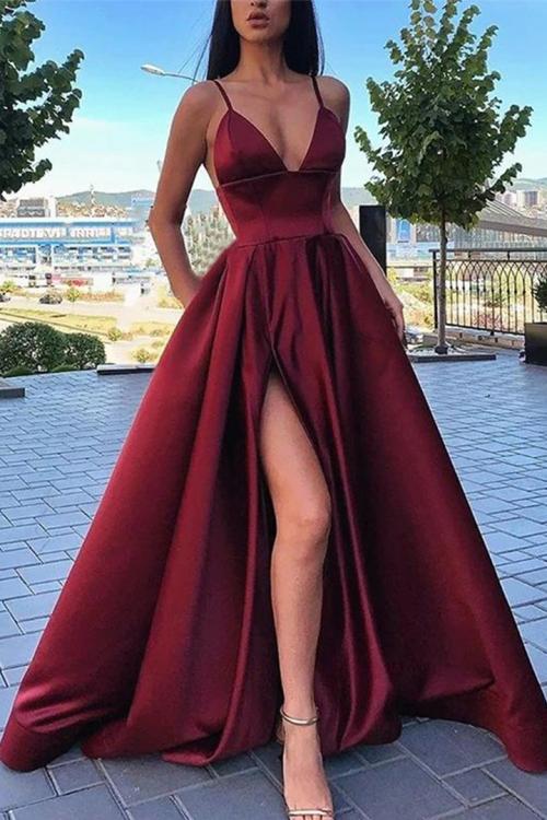  A-line V-neck Sleeveless Split Floor-length Long Satin Prom Dress
