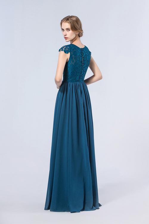 Exquisite Lace Bodice Cap Sleeved Long Chiffon Bridesmaid Dress 