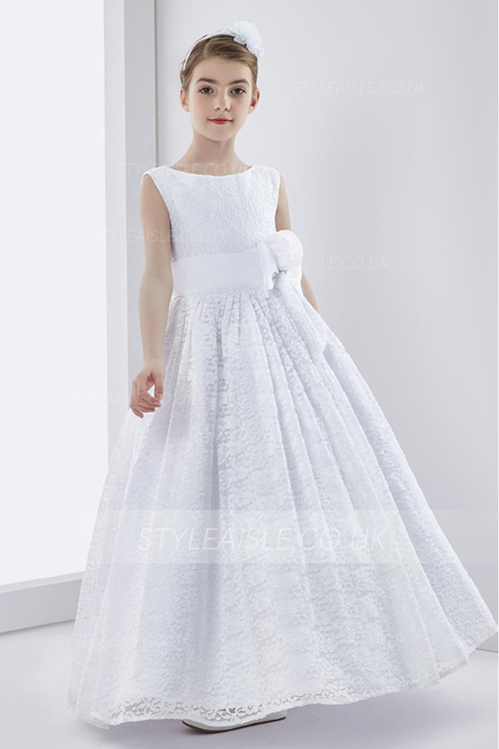  Ball Gown Sleeveless Floor-length Lace Fabric Communion Dress with Hand Made Flowers 