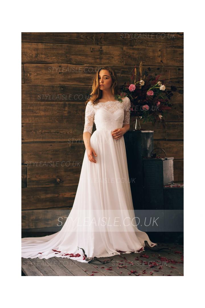 Vintage Half-sleeve Lace Bodice A-line Long Chiffon Wedding Dress 