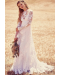 Vintage Inspired Boho Long Sleeve Lace Wedding Dress with Sash 