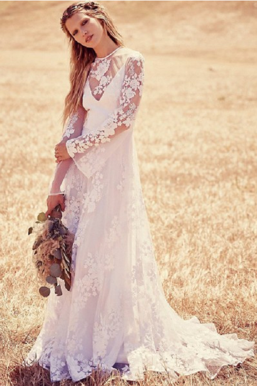 Vintage Inspired Boho Long Sleeve Lace Wedding Dress with Sash 