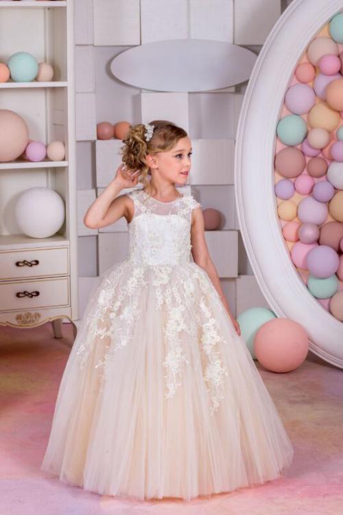  Ball Gown Jewel Sleeveless Lace Floor-length Champagne Colored Flower Girl Dresses