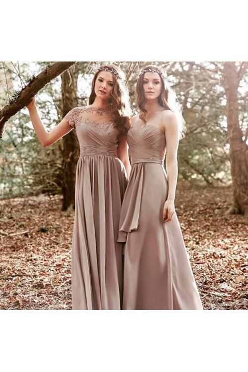 Vintage Short Sleeve Illusion Neck Long Chiffon Bridesmaid Dress 