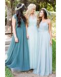 Sleeveless One Shoulder Pleated A-line Light Sky Blue Tulle Bridesmaid Dress