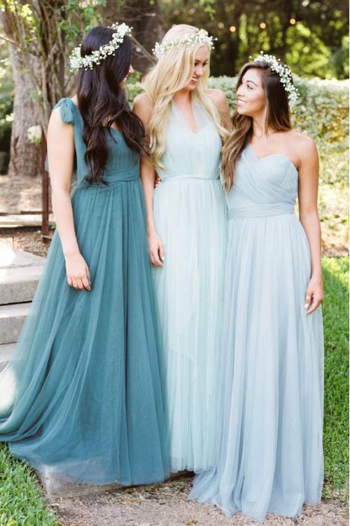Sleeveless One Shoulder Pleated A-line Light Sky Blue Tulle Bridesmaid Dress