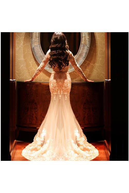 Sexy V Neck Lace Appliques Long Mermaid Lace overlay Champagne Tulle Prom Dress 