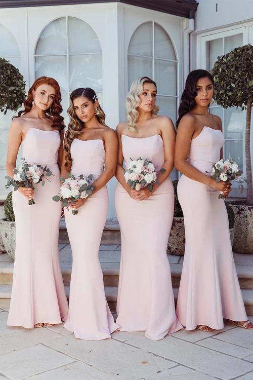 Simple Pale Pink Mermaid Strapless Sleeveless Floor-length Long Satin Bridesmaid Dresses