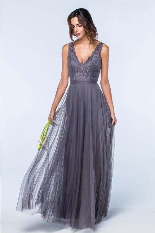  A-line V-neck Sleeveless Lace Top Floor-length Long Tulle Bridesmaid Dressess