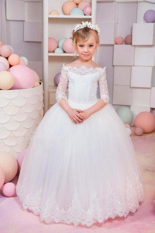  Princess Off-the-shoulder Half Sleeve Lace Floor-length Long Tulle Flower Girl Dresses