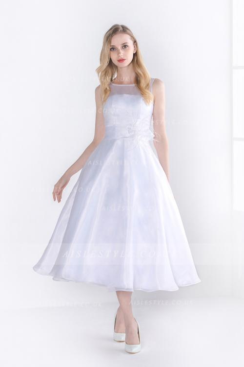 Sleeveless Illusion Neck A-line Tea Length White Organza Wedding Dress with Feather