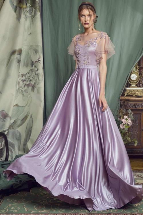  A-line Bateau Neckline Short Sleeves Appliques Lace Sashes/Ribbons Floor-length Long Charmeuse Prom Dress